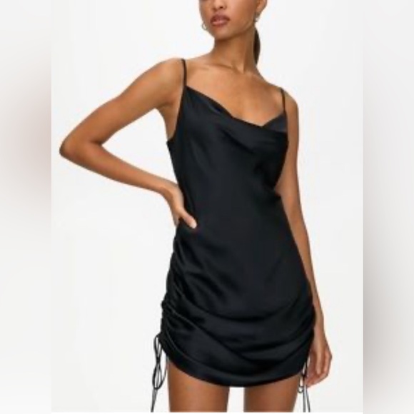 Papermoon Dresses & Skirts - NWT. Satin gorgeous black dress. Sexy.  Strings at bottom.  Ruched on the sides.
